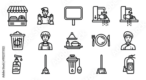 A set of black line icons depicting various restaurant and cleaning service concepts on a white background.