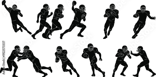 Set of Black Silhouette American Football Players in Action Poses, Quarterback Throwing, Running Back, Tackling, and Catching for Sports Design,