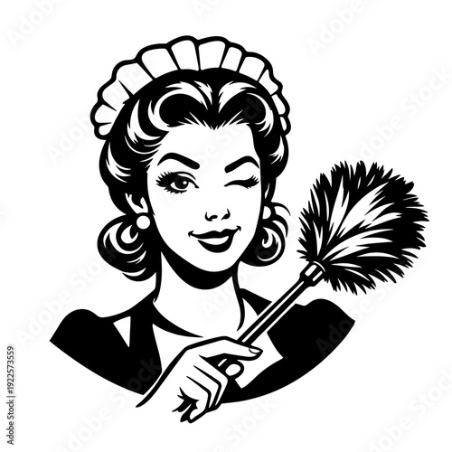 Retro Housewife Cleaning Lady With Feather Duster, Vintage 1950s Style Maid Illustration, Classic Black And White Pin Up Inspired Graphic Design
