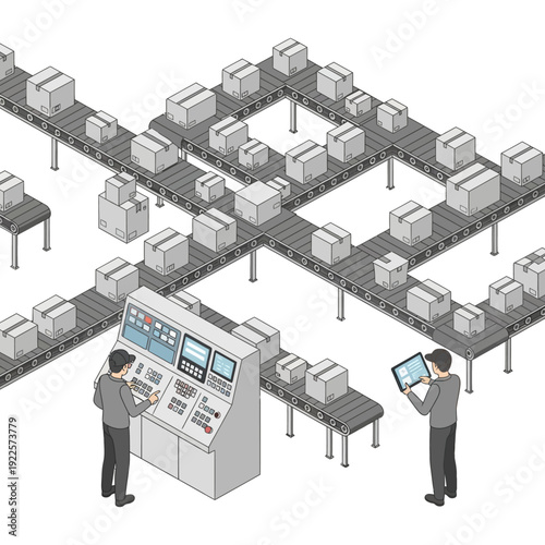 Two engineers overseeing an automated conveyor belt system in a factory.
