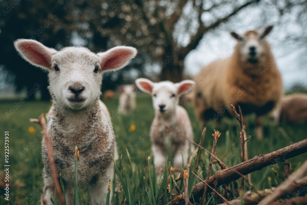 Fototapeta premium Gentle Spring Sun over Lamb-Filled Meadows