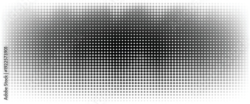 Dotted halftone gradient texture. Fading polka dot background. Repeated dots gradation pattern. Black and white vanishing comic pop art backdrop. Horizontal halftone raster effect wallpaper. Vector