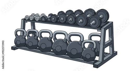 A two-tier rack displaying a range of dumbbells and kettlebells for strength training and fitness workouts in a gym setting.