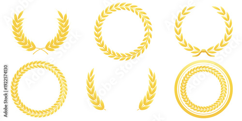 Gold laurel wreaths and wheat ears frames for winner trophy, success and anniversary design. Collection, set isolated on transparent background. Vector illustration.