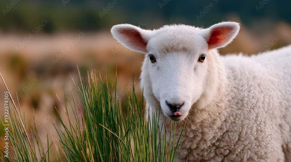 Obraz premium Sheep drinks dew from grass while standing in the field. It looks close