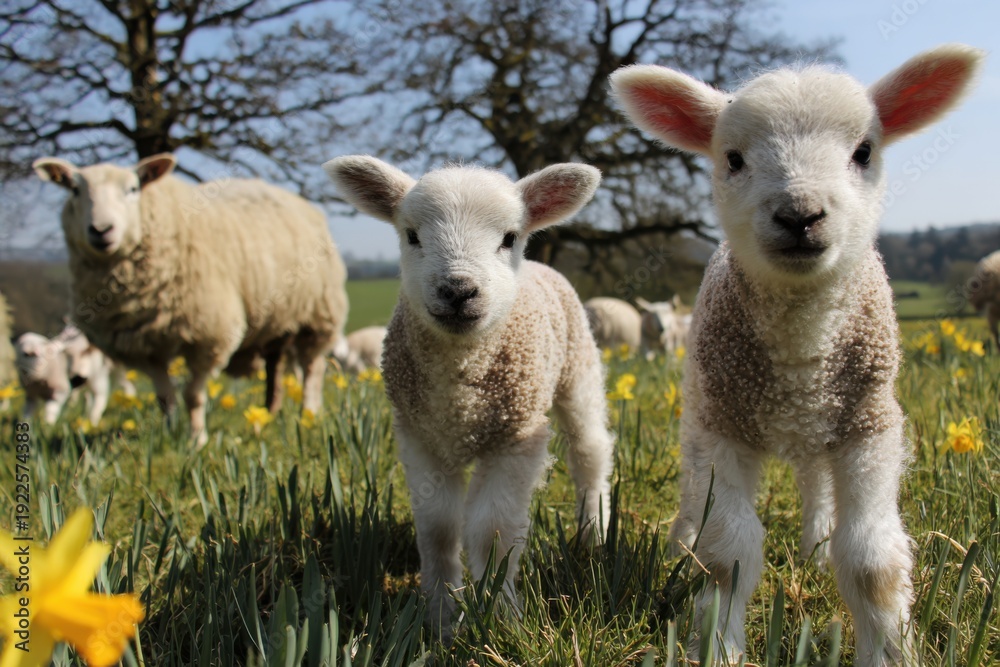 Obraz premium Gentle Spring Sun over Lamb-Filled Meadows