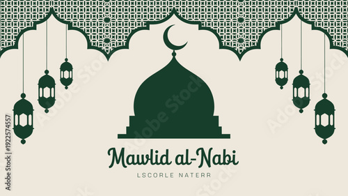A green and white Islamic graphic celebrating Mawlid al-Nabi with a mosque and lanterns