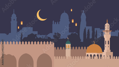 A serene nighttime illustration of a mosque with a crescent moon in the sky