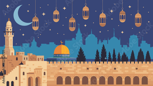 An illustration of the Dome of the Rock in Jerusalem at night with hanging lanterns and a crescent moon