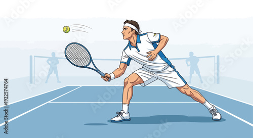 A male tennis player in a white and blue outfit hitting a yellow tennis ball with a racket on a blue court, with blurred figures in the background.