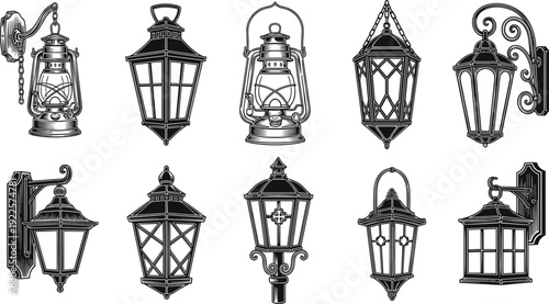 Set of Vintage Lanterns and Ornate Street Lamps, Antique Outdoor Lighting Icons for Victorian Design, Classic Kerosene Lamp and Wall Sconces,
