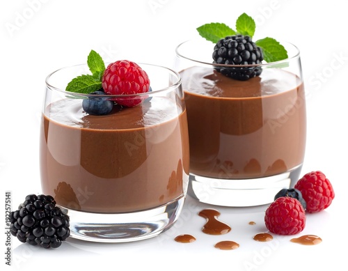 Two glasses of chocolate mousse with berries