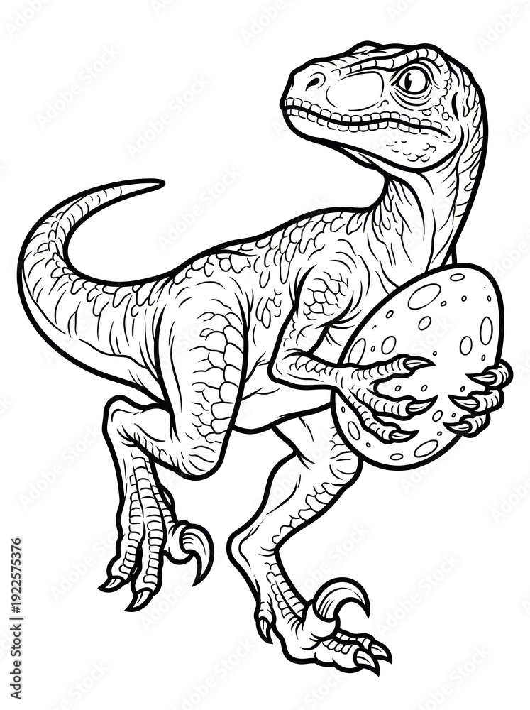 Fototapeta premium Velociraptor dinosaur stealing egg running away coloring page