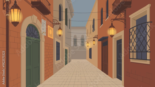 A serene and peaceful illustration of a narrow alleyway in a Mediterranean town with orange buildings and lanterns