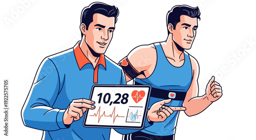 Two cartoon men demonstrating health monitoring with a tablet displaying heart rate data and wearable fitness trackers.