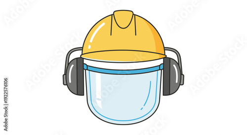 A yellow hard hat with ear protection and a clear face shield, representing personal protective equipment.