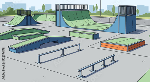 An empty outdoor skatepark with various ramps, rails, and boxes under a clear sky, rendered in a clean cartoon style.