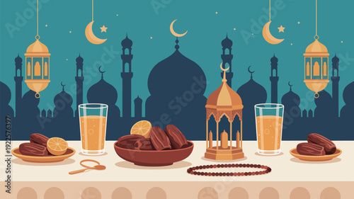 A serene iftar table setting with traditional food and drinks in front of a mosque silhouette at night
