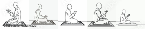 line art of a Muslim man sitting in prayer, raising both hands side view