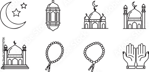 Ramadan and Islamic Line Icons Set with Mosque, Crescent Moon and Prayer Hands