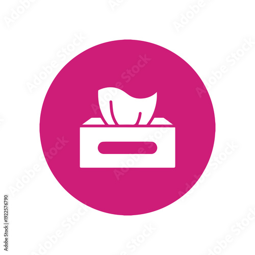 White tissue box with protruding tissue against a vibrant pink circular background minimalist design with bold contrast