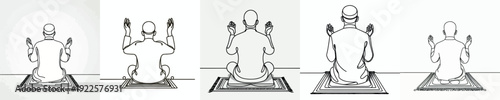 line art of a Muslim man sitting in prayer, raising both hands back view