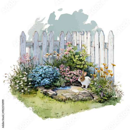 seasonal cottagecore art | spring garden with blooming flowers | rabbit | picket fence | watercolor style | cozy pastoral scene | soft pastel palette | whimsical outdoor illustration | charming floral