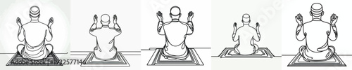 line art of a Muslim man sitting in prayer, raising both hands back view