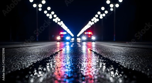 Police Night Patrol: Blurry police cars with flashing red and blue lights on wet asphalt road, law enforcement emergency, public safety and crime prevention concept