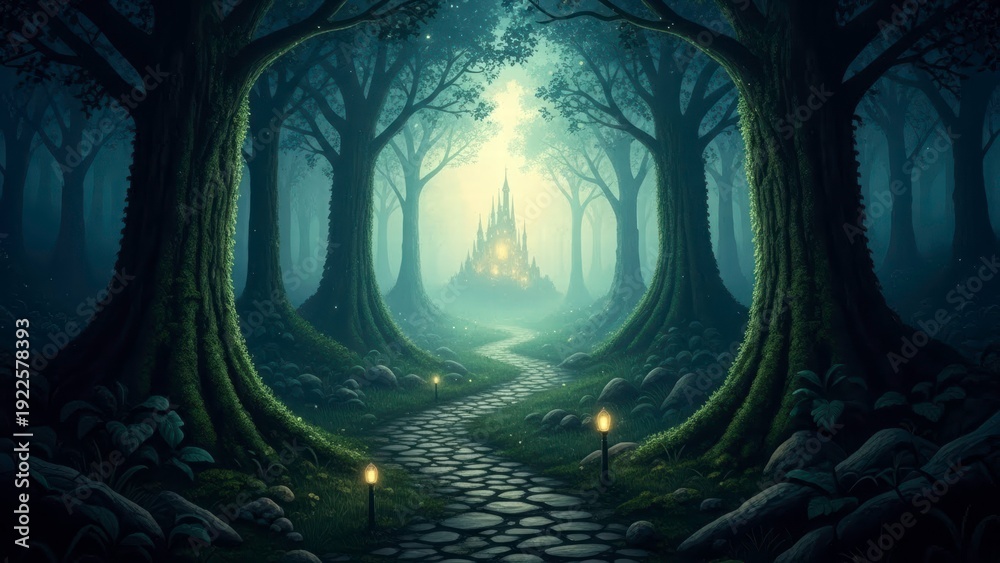 Obraz premium Enchanted Forest Pathway: A mystical stone pathway leads toward a distant castle, nestled within a magical forest, creating a sense of wonder and adventure.