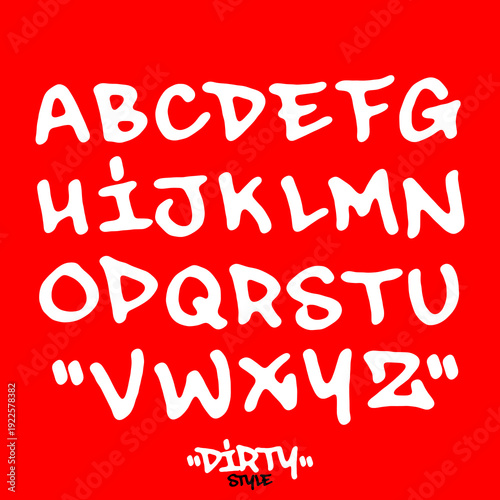 Dirty Style Graffiti Alphabet on Red Background. Bold White Urban Lettering Collection with Gritty Texture for Streetwear and Poster Design.