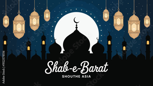 A serene nighttime scene of a mosque silhouette with lanterns for Shab-e-Barat celebration