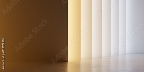 Offset row of thin walls lit by different kelvin color temperatures light sources from warm orange to cool blue on concrete floor background with copy space