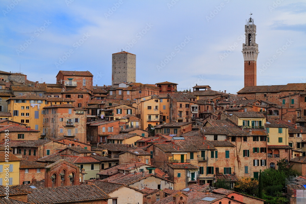 Fototapeta premium Siena, medieval town in Tuscany, with view of the Dome & Bell Tower of Siena Cathedral, Italy