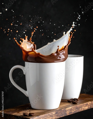 Two white coffee mugs on a wooden board with splashing coffee