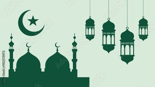 A serene illustration of a mosque with hanging lanterns and a crescent moon