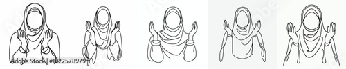 line art of a Muslim woman praying with a gesture of raising both hands