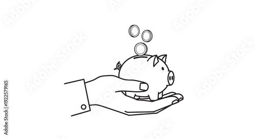 Black and white cartoon illustration of a cute piggy bank with coins and money representing savings and finance