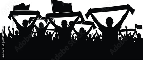 A diverse group of people celebrating and holding flags and scarves in a crowd.