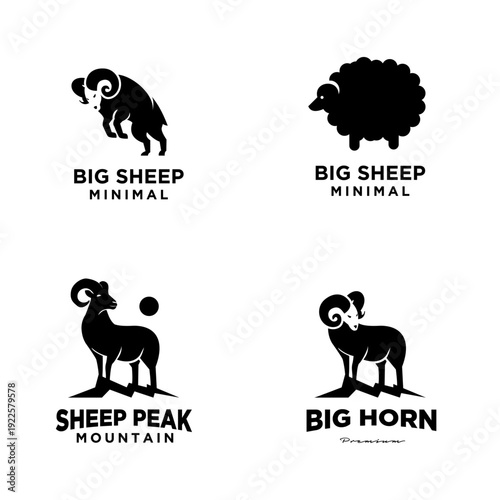 Collection of minimal black sheep and ram bighorn animal logo designs, flat vector icons for branding and symbols.