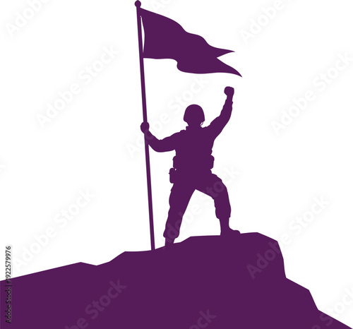 Silhouette of a triumphant figure standing on a cliff with a flag