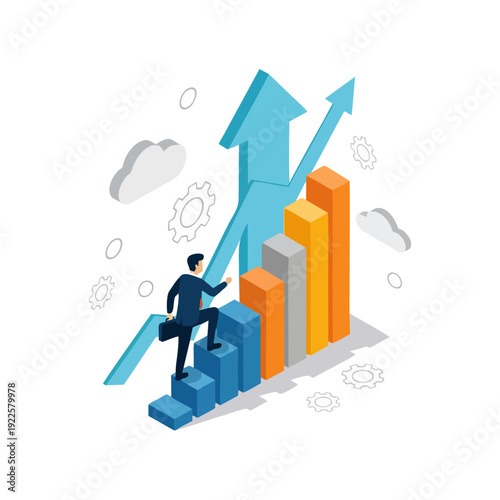 Businessman climbing bar chart with upward arrows, symbolizing growth and success.