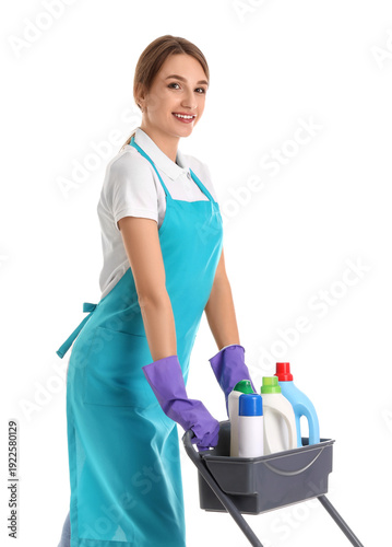 Female janitor with trolley...