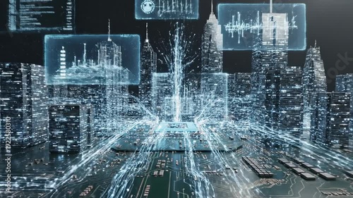 Digital Cityscape - Futuristic Technology and Data Flow Visualization.