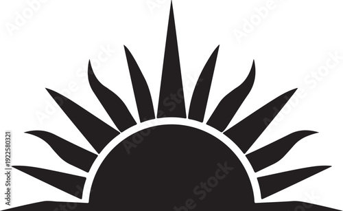 Simple black sun rising over the horizon silhouette graphic