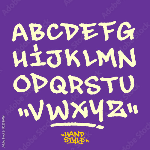 Purple Hand Style Graffiti Alphabet Collection. Vibrant Violet Urban Lettering Set for Modern Streetwear and Branding Projects.