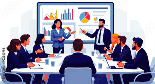 Business meeting with presentation of charts and graphs on screen, team collaboration and strategy discussion