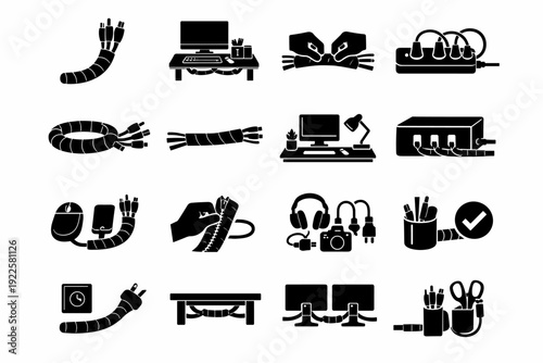 Vector icons icon desk setup routine solution flow organization management cable symbols