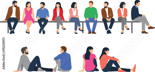 Minimalist flat illustration of diverse group of people seated on bench and ground, casual clothing, symbolizing social interaction, community, waiting, and lifestyle concept