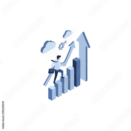 Businessman climbing growth chart, symbolizing career advancement and financial success.